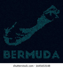 Bermuda tech map. Island symbol in digital style. Cyber map of Bermuda with island name. Radiant vector illustration.