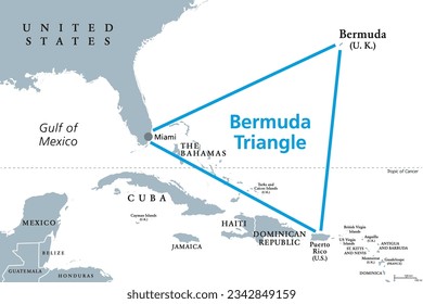 The Bermuda Triangle or Devils Triangle, gray political map. Region in North Atlantic Ocean between Bermuda, Miami and Puerto Rico where aircrafts and ships disappeared under mysterious circumstances.