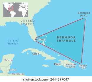 Bermuda Triangle, Devils Triangle map, Region in North Atlantic Ocean between Bermuda, Miami and Puerto Rico