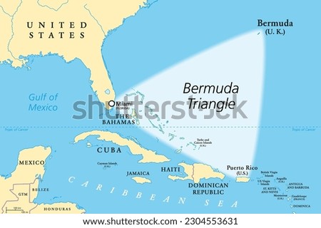 The Bermuda Triangle or Devils Triangle, political map. Region in the North Atlantic Ocean between Bermuda, Miami and Puerto Rico, where aircrafts and ships disappeared under mysterious circumstances. Сток-фото © 