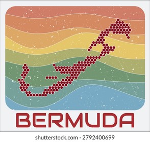 Bermuda vintage logo. Hexagon dots shape of the country on retro colored stripe waves background. Bermuda map design with grunge scratch texture. Vector Illustration.