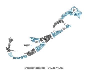 Nube de palabras de Bermudas. Forma Country con división por regiones. Imagen de estilo tipográfico de Bermudas. Nubes de etiquetas de nombres de región. Ilustración vectorial.