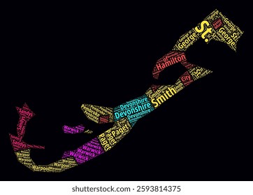 Bermuda Word Cloud. Region names of the country in the English language. Bright neon style design on a dark background. Bermuda shape with administrative divisions. Stylish vector illustration.
