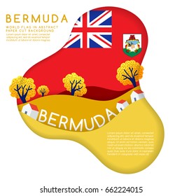 Bermuda : World Flag in paper cut shapes with trees and mountains in the layers : Vector Illustration