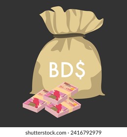 Bermudian Dollar Vector Illustration. Bermuda money set bundle banknotes. Money bag 100 BMD. Flat style. Isolated on white background. Simple minimal design.