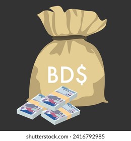 Bermudian Dollar Vector Illustration. Bermuda money set bundle banknotes. Money bag 10 BMD. Flat style. Isolated on white background. Simple minimal design.