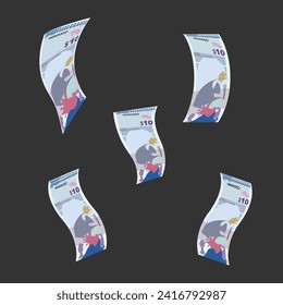 Ilustración del vector del dólar de las Bermudas. Dinero de las Bermudas puso billetes en paquete. Cayendo, volando dinero 10 BMD. Estilo plano. Aislado sobre fondo blanco. Diseño sencillo y mínimo.