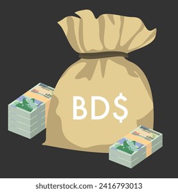 Bermudian Dollar Vector Illustration. Bermuda money set bundle banknotes. Money bag 20 BMD. Flat style. Isolated on white background. Simple minimal design.