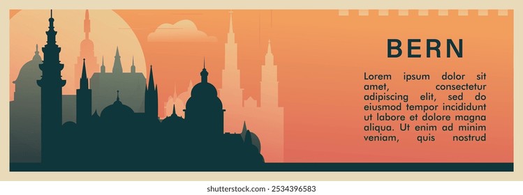 Bern city brutalism vector banner with skyline, cityscape. Switzerland town retro horizontal illustration. Travel layout for web presentation, header, footer