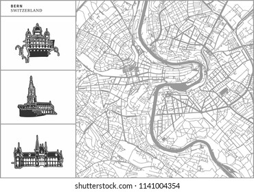 Bern city map with hand-drawn architecture icons. All drawigns, map and background separated for easy color change. Easy repositioning in vector version.