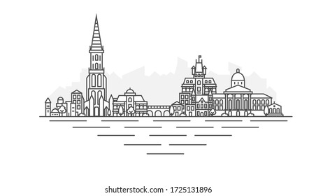 Bern City, Switzerland architecture line skyline illustration. Linear vector cityscape with famous landmarks, city sights, design icons, with editable strokes isolated on white background.