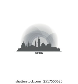 Bern cityscape skyline city panorama vector flat logo, modern icon. Switzerland emblem idea with landmarks and building silhouettes, isolated clipart at sunset, sunrise, night