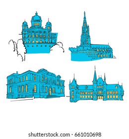 Bern Colored Landmarks, Scalable Vector Monuments. Filled with Blue Shape and Yellow Highlights. 