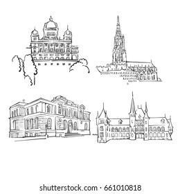 Bern Famous Buildings, Monochrome Outlined Travel Landmarks, Scalable Vector Illustration