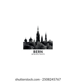 Bern panorama, vector badge, skyline logo and icon. Switzerland city horizon logotype with landmarks and building silhouettes. Isolated foggy abstract gradient graphic