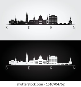 Bern skyline and landmarks silhouette, black and white design, vector illustration.