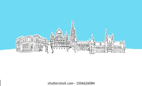 Bern Skyline Panorama Vector Sketch. Hand-drawn Illustration on blue background.