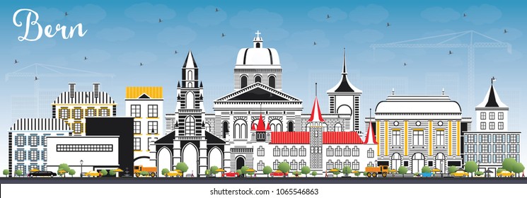 Bern Switzerland City Skyline with Color Buildings and Blue Sky. Vector Illustration. Business Travel and Tourism Concept with Historic Architecture. Bern Cityscape with Landmarks.