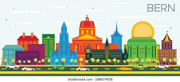 Bern Switzerland City Skyline with Color Buildings and Blue Sky. Vector Illustration. Business Travel and Tourism Concept with Historic Architecture. Bern Cityscape with Landmarks.