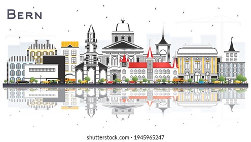 Skyline der Stadt Bern Schweiz mit Farbbauten und Reflektionen einzeln auf Weiß. Vektorgrafik. Reise- und Tourismuskonzept mit historischer Architektur. Berner Stadtbild mit Sehenswürdigkeiten.