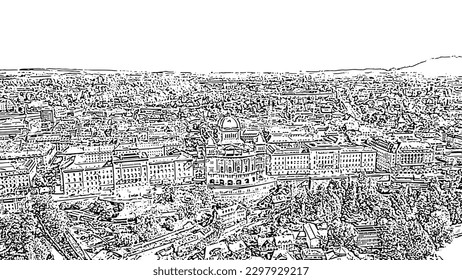 Bern, Switzerland. Federal Palace - Bundeshaus. Historic city center. Doodle sketch style. Aerial view