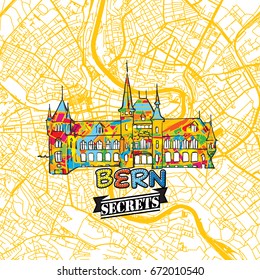 Bern Travel Secrets Art Map for mapping experts and travel guides. Handmade city logo, typo badge and hand drawn vector image on top are grouped and moveable.