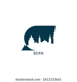 Bern vector icon with skyline, panoramic view, city shape. Switzerland landmarks logo concept. Blue flat isolated graphic, badge