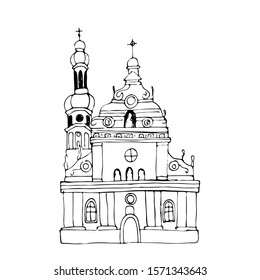 Bernadine monastery and church in Lviv, Ukraine. World Architecture monument isolated on a white background. Hand-drawn vector stock vector sketch.