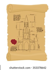 Berne Cathedral on old paper Scheme. Ancient scroll.  buildings in Switzerland. architectural project of building landmarks. Design of architecture in Papyrus