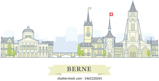 Berne, Switzerland - old town, city panorama with landmarks of Berne