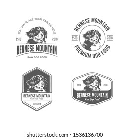 Bernese montain dog logo set for raw food, supplement and other dog product. Logo badge collection. Dog logo set in vintage/retro style. Dog logo illustration. Eps10.