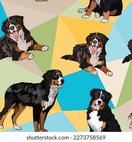 Bernese Mountain dog on a mosaic geometric background. Funky, colorful vibe, rainbow colors palette. Simple, clean, modern texture. Geometric, polygon style. Summer seamless pattern with dogs.Triangle