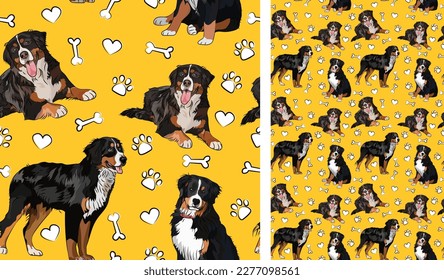 Bernese Mountain dog on a playful yellow background with bones and paws. Funky, colorful vibe, vibrant palette. Simple, clean, modern texture. Summer seamless pattern with dogs. Birthday present. Love