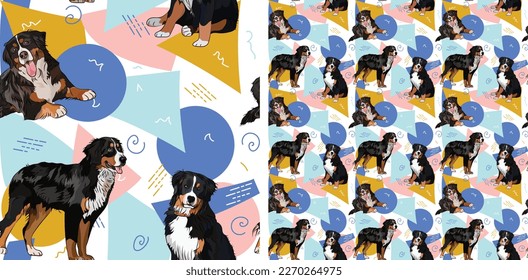 Berner Berg Hund Sommerpastellwand. Abstrakte Feiertagskreise, Plätze, Spiralen, Konfetti. nahtloser Hintergrund, wiederholbares Muster. Geburtstagskarte, Weihnachtsgeschenk, Fliesen.