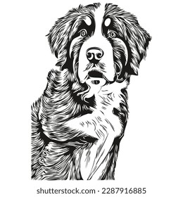 Ilustración vectorial de perros de montaña de Bernese, logotipo de mascotas de línea dibujada a mano negro y blanco
