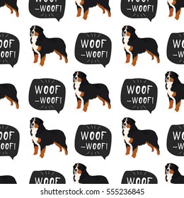 Bernese Mountain Dog vector seamless pattern with hand drawn banner