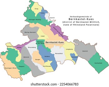 Bernkastel-Kues verbandsgemeinde map of Bernkastel-Wittlich district Rhineland-Palatinate state in Germany. Vectored. Colors shamrock, concrete, polo blue, drover, orchid, silver, caramel