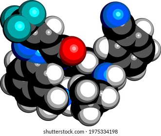 Berotralstat hereditary angioedema drug molecule. 3D rendering. Atoms are represented as spheres with conventional color coding: hydrogen (white), carbon (black), nitrogen (blue), oxygen (red), etc svg