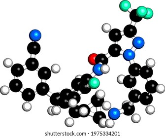 Berotralstat hereditary angioedema drug molecule. 3D rendering. Atoms are represented as spheres with conventional color coding: hydrogen (white), carbon (black), nitrogen (blue), oxygen (red), etc svg