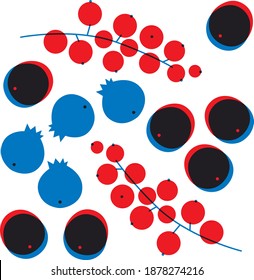 Berries abstract vector. Hand drawing forest berries red currants, blueberries in modern style. Cartoon flat fruits. Can be use for restaurants menu, cover, packaging.