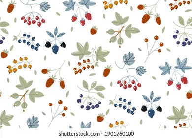 Berries Background. Strawberries, Blueberry, Raspberries, and Blackberry. Wild berry seamless pattern drawing. Hand drawn vector background. Summer fruit set. Food for menu, label, banner