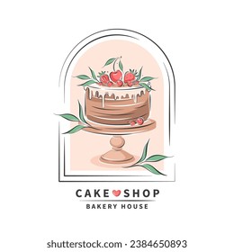 Сake and berries. Bakery house. Vector illustration on white background for menu, recipe book, baking shop.