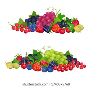 Berries banners template. Vector blueberry, black currant and redcurrant, cherry and raspberry. Berry fruits crop of grapes, gooseberries, blackberries