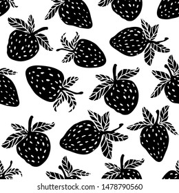 Berries black fruit vector strawberry with leaves seamless pattern for textile prints, cards, design. Flat style strawberry, vector. Strawberry fruit pattern with seamless background illustration. 