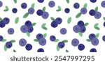 Berries of Blueberry seamless pattern. Blueberries with Green Leaves. Wild berries, summer botanical vector illustration of fresh organic fruits