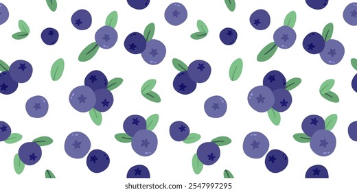 Berries of Blueberry seamless pattern. Blueberries with Green Leaves. Wild berries, summer botanical vector illustration of fresh organic fruits