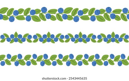 Berries branch border graphic design element set. Blueberry frame vector illustration set for invitation, card design and graphic design
