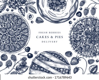 Berries cakes and pies banner. Hand drawn baking cakes, pies and fresh berries design. Homemade summer dessert recipe book template. Top view illustration for food delivery, cafe menu. Dairy products