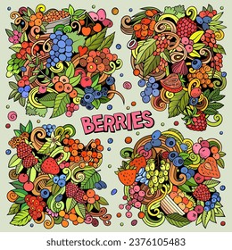 Berries cartoon vector doodle designs set. Colorful detailed compositions with lot of nature food objects and symbols.