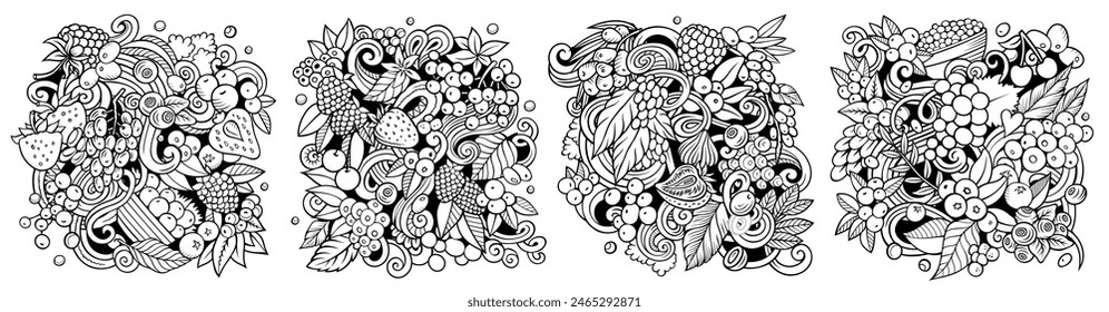 Conjunto de diseños de doodle de Vector de dibujos animados de bayas. Composiciones detalladas con mucha naturaleza, objetos de comida y Anuncio.